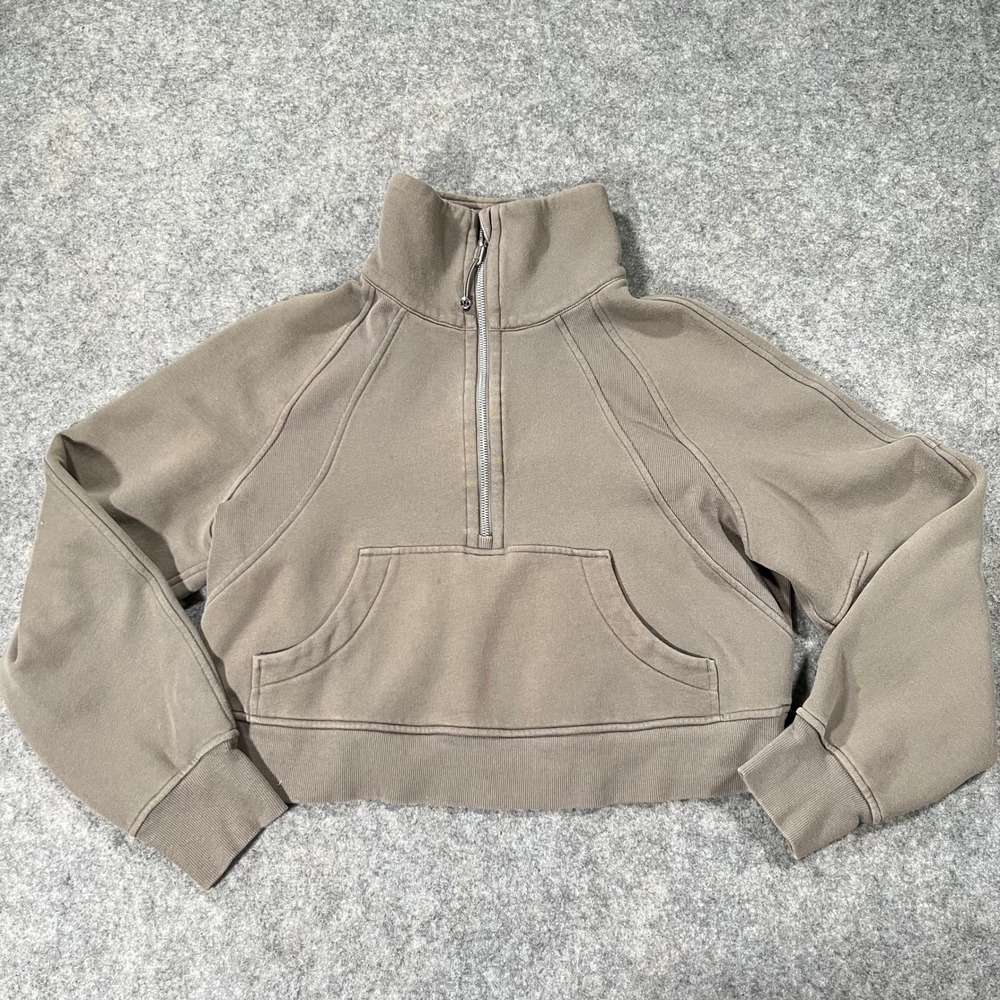 Lululemon Sweatshirt Womens S Taupe Scuba Half Zip Hoodie Cropped Funnel Neck